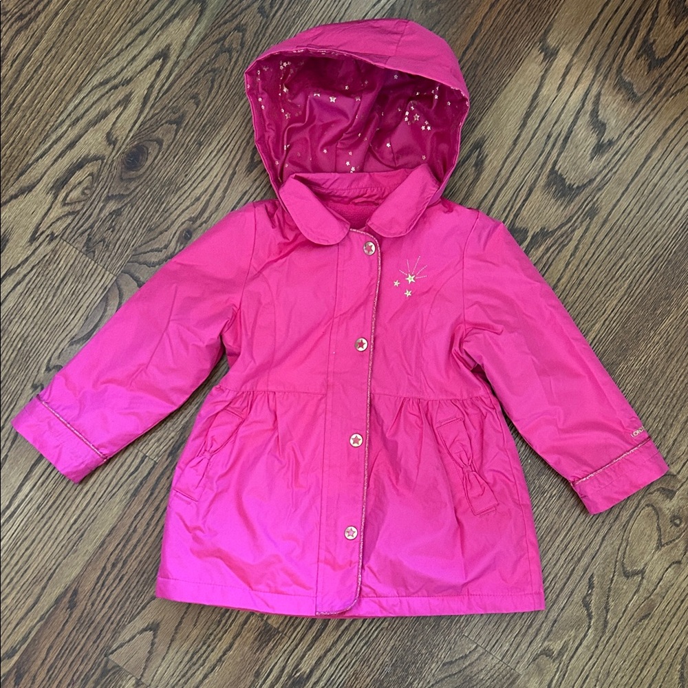 London Fog Fuchsia Kids Lined Raincoat with Hood, Bow Accents, size 5